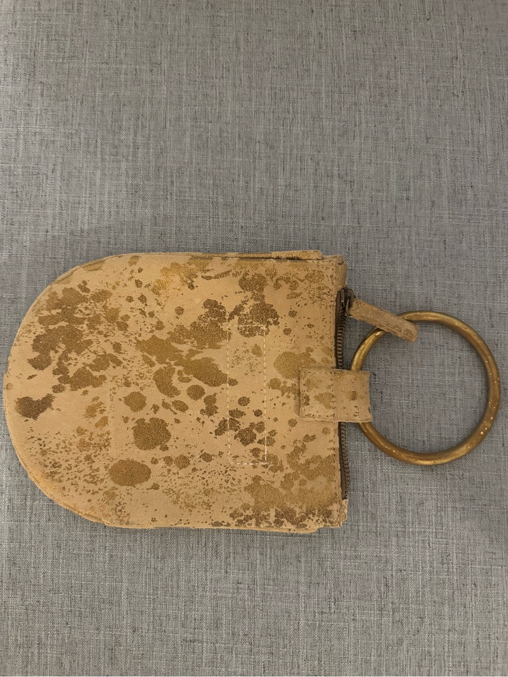 Kim White Tan Suede Wristlet Clutch with Gold Ring Accent